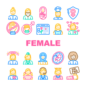 Female Occupation And Profession Icons Set Vector. Female Stewardess And Call Center Worker, Queen And Sportswoman, Woman Love And Broken Heart, Young Girl And Bearded Lady Line. Color Illustrations