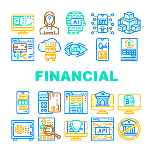 Financial Technology And Software Icons Set Vector. Api And Iot Finance Technology, Online Bank And Payment With Credit Card Pos Terminal, Money And Crypto Digital Currency Line. Color Illustrations