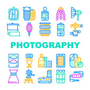Photography Tool And Accessory Icons Set Vector. Photo Camera Lenses And Light Filters, Flexible Tripod And Background For Make Quality Photography Line. Battery Pack And Bag Color Illustrations