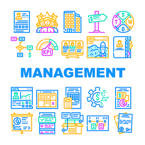 Business Management Business Icons Set Vector. Product Business Management And Presentation, Crm Marketing And Swot Analysis, Earning Money And Launch Startup Line. Color Illustrations