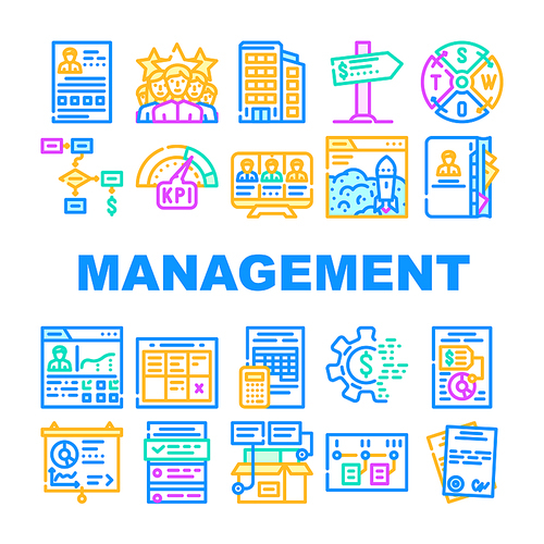 Business Management Business Icons Set Vector. Product Business Management And Presentation, Crm Marketing And Swot Analysis, Earning Money And Launch Startup Line. Color Illustrations