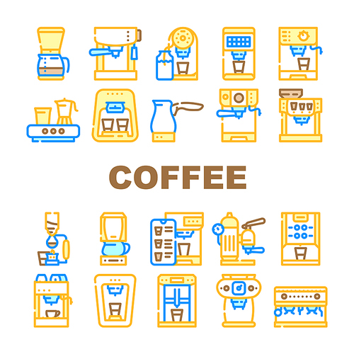 Coffee Machine Barista Equipment Icons Set Vector. Electric Turk For Brewing Energy Drink And Vintage Coffee Machine, Drip Filtration And Geyser Device Technology Line. Color Illustrations
