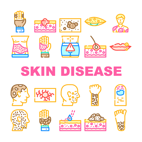 Skin Disease Human Health Problem Icons Set Vector. Phytophotodermatitis And Psoriasis, Atopic Dermatitis And Angioma, Hypertrichosis And Angiokeratoma Skin Disease Line. Color Illustrations