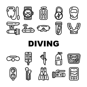 Diving Equipment And Accessories Icons Set Vector. Gps Beacon And Life Buoy, Flippers And Facial Mask For Dicing, Diver Knife, Mouthpiece And Oxygen Cylinder Black Contour Illustrations