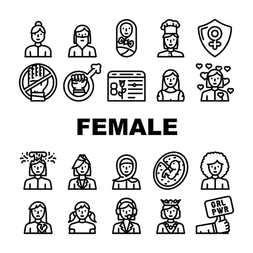 Female Occupation And Profession Icons Set Vector. Female Stewardess And Call Center Worker, Queen And Sportswoman, Woman Love And Broken Heart, Young Girl And Bearded Lady Black Contour Illustrations
