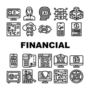 Financial Technology And Software Icons Set Vector. Api And Iot Finance Technology, Online Bank And Payment With Credit Card Pos Terminal, Money And Crypto Digital Currency Black Contour Illustrations