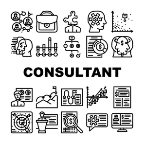 Business Consultant Advicing Icons Set Vector. Consultant Service And Advice, Planning Strategy And Success Goal Achievement, Search Solve Company Problem Research Report Black Contour Illustrations
