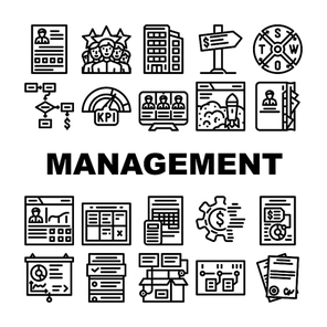 Business Management Business Icons Set Vector. Product Business Management And Presentation, Crm Marketing And Swot Analysis, Earning Money And Launch Startup Black Contour Illustrations