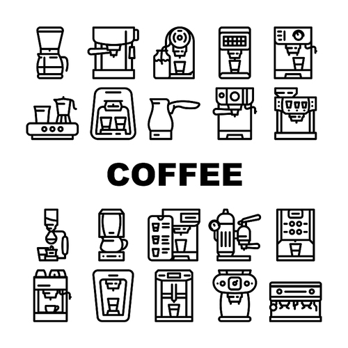 Coffee Machine Barista Equipment Icons Set Vector. Electric Turk For Brewing Energy Drink And Vintage Coffee Machine, Drip Filtration And Geyser Device Technology Black Contour Illustrations