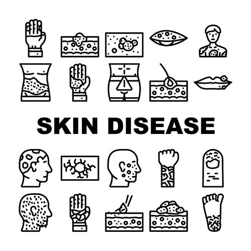 Skin Disease Human Health Problem Icons Set Vector. Phytophotodermatitis And Psoriasis, Atopic Dermatitis And Angioma, Hypertrichosis And Angiokeratoma Skin Disease Black Contour Illustrations
