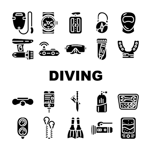 Diving Equipment And Accessories Icons Set Vector. Gps Beacon And Life Buoy, Flippers And Facial Mask For Dicing, Diver Knife, Mouthpiece And Oxygen Cylinder Glyph Pictograms Black Illustrations