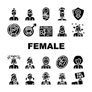 Female Occupation And Profession Icons Set Vector. Female Stewardess And Call Center Worker, Queen And Sportswoman Woman Love Broken Heart, Young Girl Bearded Lady Glyph Pictograms Black Illustrations
