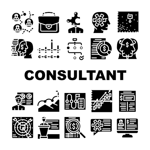 Business Consultant Advicing Icons Set Vector. Consultant Service And Advice, Planning Strategy And Success Goal Achievement, Search Solve Company Problem Research Glyph Pictograms Black Illustrations