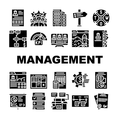 Business Management Business Icons Set Vector. Product Business Management And Presentation, Crm Marketing And Swot Analysis, Earning Money And Launch Startup Glyph Pictograms Black Illustrations