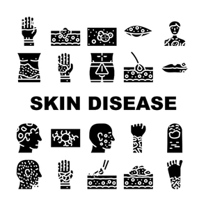Skin Disease Human Health Problem Icons Set Vector. Phytophotodermatitis And Psoriasis, Atopic Dermatitis And Angioma, Hypertrichosis Angiokeratoma Skin Disease Glyph Pictograms Black Illustrations