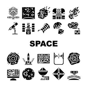 Space Researchment Equipment Icons Set Vector. Hubble Telescope Tool And Virtual Planetarium, Launch Rocket And Space Capsule, Spectral Analysis Of Stars Planets Glyph Pictograms Black Illustrations
