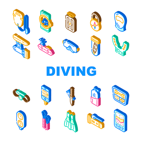 Diving Equipment And Accessories Icons Set Vector. Gps Beacon And Life Buoy, Flippers And Facial Mask For Dicing, Diver Knife, Mouthpiece And Oxygen Cylinder Isometric Sign Color Illustrations