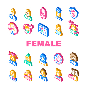 Female Occupation And Profession Icons Set Vector. Female Stewardess And Call Center Worker, Queen And Sportswoman, Woman Love Broken Heart, Young Girl Bearded Lady Isometric Sign Color Illustrations