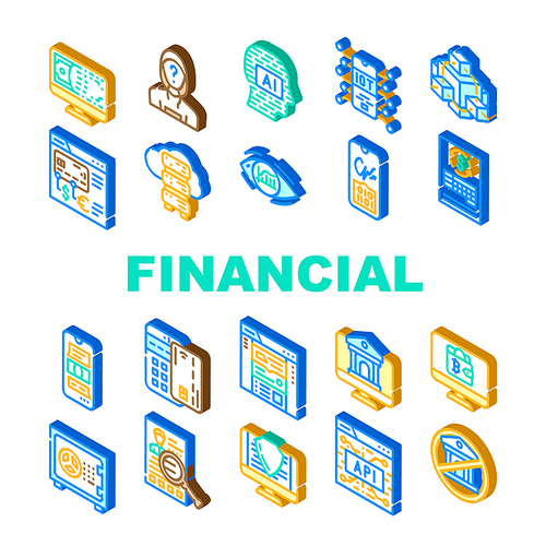 Financial Technology And Software Icons Set Vector. Api And Iot Finance Technology, Online Bank Payment With Credit Card Pos Terminal, Money Crypto Digital Currency Isometric Sign Color Illustrations