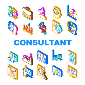 Business Consultant Advicing Icons Set Vector. Consultant Service Advice, Planning Strategy And Success Goal Achievement Search Solve Company Problem Research Report Isometric Sign Color Illustrations