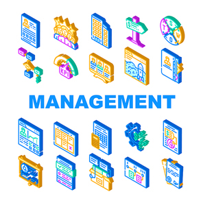 Business Management Business Icons Set Vector. Product Business Management And Presentation, Crm Marketing And Swot Analysis, Earning Money And Launch Startup Isometric Sign Color Illustrations