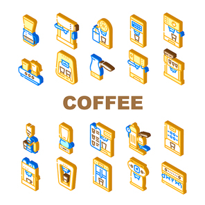 Coffee Machine Barista Equipment Icons Set Vector. Electric Turk For Brewing Energy Drink And Vintage Coffee Machine, Drip Filtration And Geyser Device Technology Isometric Sign Color Illustrations