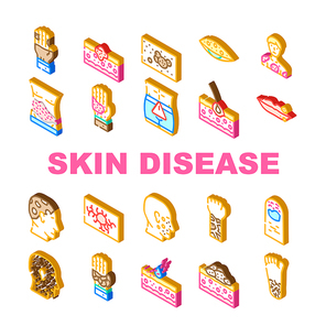Skin Disease Human Health Problem Icons Set Vector. Phytophotodermatitis And Psoriasis, Atopic Dermatitis And Angioma, Hypertrichosis And Angiokeratoma Skin Disease Isometric Sign Color Illustrations