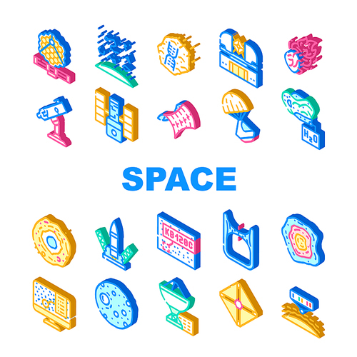 Space Researchment Equipment Icons Set Vector. Hubble Telescope Tool And Virtual Planetarium, Launch Rocket And Space Capsule, Spectral Analysis Of Stars And Planets Isometric Sign Color Illustrations