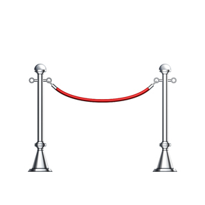 Barrier Chrome Column With Red Elegant Rope Vector. Luxury Stylish Barrier, Club Entrance Or Corridor Silver Steel Fence With Cord. Metallic Stanchions Template Realistic 3d Illustration