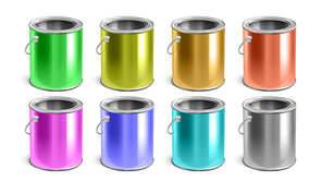 Paint Empty Buckets Multicolor Packages Set Vector. Blank Multicolored Steel Paint Containers For Painting Liquid. Artist Accessories For Drawing Template Realistic 3d Illustrations
