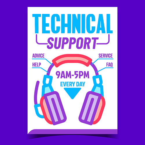 Technical Support Call Center Promo Poster Vector. Headphones Gadget For Support Service Worker Advertising Banner. Advice, Help And Faq Online Help Concept Template Style Color Illustration