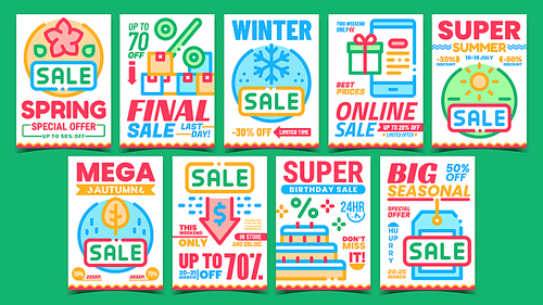 Cost Reduction Creative Promo Posters Set Vector. Summer And Autumn, Winter And Spring Sale, Online Big Seasonal And Birthday Selling Advertising Banners. Concept Template Style Color Illustrations