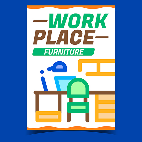 Workplace Furniture Promotional Banner Vector. Workplace Table And Chair, Shelf And Lamp Advertising Poster. Office Cabinet Contemporary Workspace Concept Template Style Color Illustration