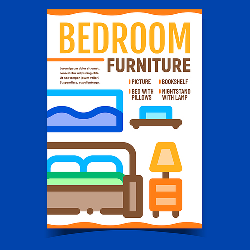 Bedroom Furniture Creative Promo Poster Vector. Bed With Pillows And Bookshelf, Picture And Nightstand With Lamp, Bedroom Interior Advertising Banner. Concept Template Style Color Illustration