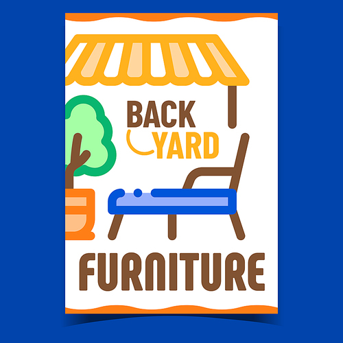 Backyard Furniture Creative Promo Banner Vector. Decorative Tree Plant And Lawn Chair, Lounge Patio Comfortable Furniture Advertising Poster. Concept Template Style Color Illustration