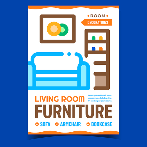 Living Room Furniture Promotional Poster Vector. Sofa, Armchair And Bookcase Room Decorations Advertising Banner. Couch, Picture And Bookshelf Concept Template Style Color Illustration