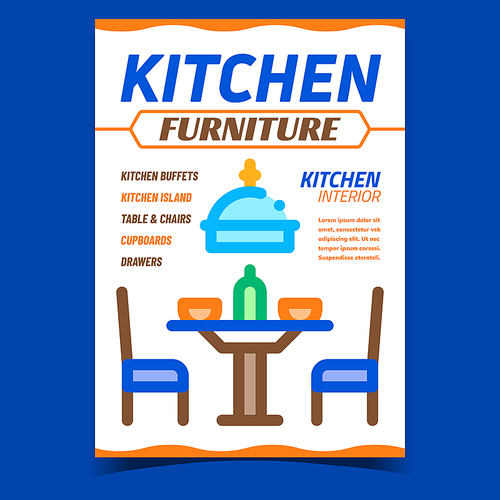 Kitchen Furniture Creative Promo Banner Vector. Buffets And Island, Table And Chairs, Cupboards And Drawers Kitchen Interior Advertising Poster. Concept Template Style Color Illustration
