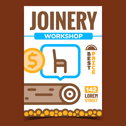 Joinery Workshop Creative Promo Banner Vector. Chair Furniture Selling And Wooden Trunks, Joinery Shop Advertising Poster. Factory And Store Concept Template Style Color Illustration