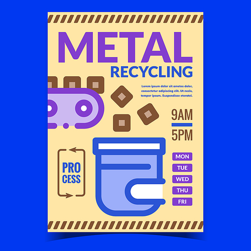 Metal Recycling Creative Advertise Banner Vector. Conveyor Transportation Metal To Recycle Melting Machine Furnace, Industry Equipment Promotional Poster. Concept Template Style Color Illustration
