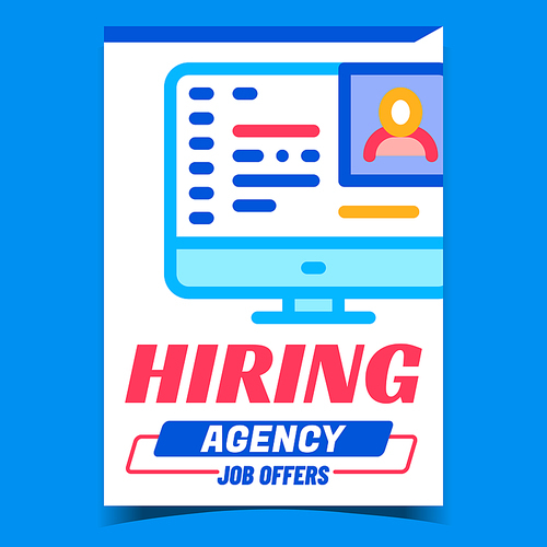 Hiring Agency Job Offers Promotion Banner Vector. Recruitment Agency For Offering And Finding Work, Candidate Cv On Computer Monitor Advertising Poster. Concept Template Style Color Illustration