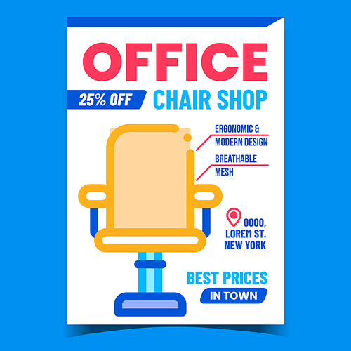 Office Chair Shop Creative Promo Poster Vector. Office Furniture Store Advertising Banner. Economic And Modern Design Armchair With Breathable Mesh Concept Template Style Color Illustration