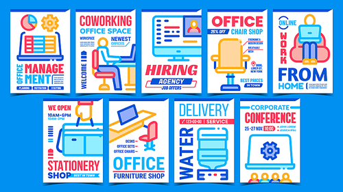 Office Working Process Promo Posters Set Vector. Coworking Office Space And Online Work From Home, Hiring Agency And Corporate Conference Advertise Banners. Concept Template Style Color Illustrations