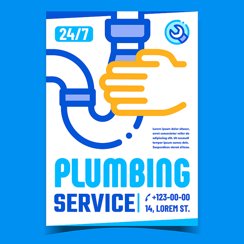 Plumbing Service Creative Promo Banner Vector. Mechanic Hand Holding Bath Or Sink Drain Pipe And Wrench Tool Service On Advertising Poster. Concept Template Style Color Illustration