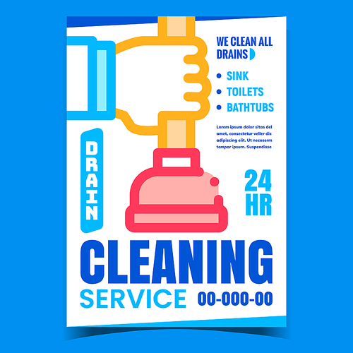 Drain Cleaning Service Promotional Poster Vector. Sink, Toilet And Bathtub Drain Clean And Repair, Hand Holding Plunger On Advertising Banner. Concept Template Style Color Illustration