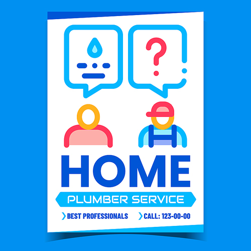 Home Plumber Service Creative Promo Poster Vector. Human Client And Plumber Worker Discussing Advertising Banner. Customer And Repairman Communication Concept Template Style Color Illustration