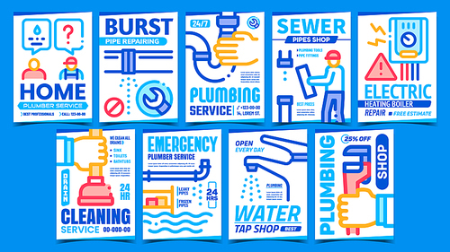 Plumber Service Creative Promo Posters Set Vector. Sewer Pipe, Plumbing And Water Tap Shop, Cleaning And Home Emergency Plumber Service Advertising Banners. Concept Template Style Color Illustrations