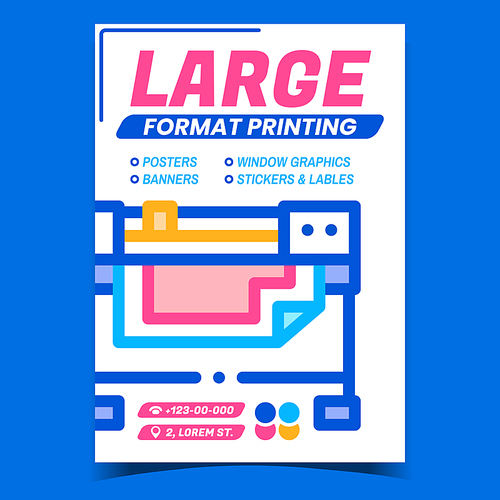 Large Format Printing Advertising Banner Vector. Industry Wide Format Printer Digital Electronic Machine System Creative Promotional Poster. Concept Template Style Color Illustration