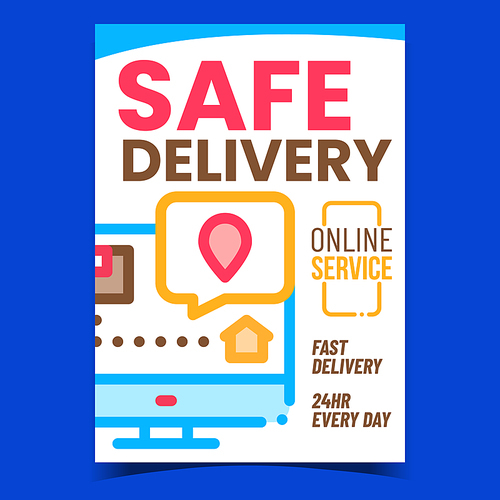 Safe Delivery Creative Promotion Poster Vector. Delivery Online Service For Tracking Shipment Advertising Banner. Computer Internet Web Page Of Postal Company Concept Template Style Color Illustration