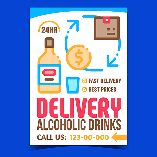 Delivery Alcoholic Drinks Promotion Poster Vector. Delivering Alcohol Drinks Service, Package With Beverage Bottle Advertising Banner. Fast Shipment And Sale Concept Template Style Color Illustration