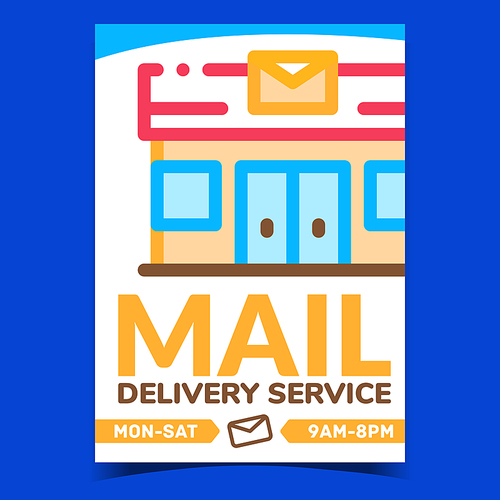 Mail Delivery Service Promotion Poster Vector. Mail Postal Company Building On Advertising Banner. Facade Of Post Office Logistic Construction Concept Template Style Color Illustration